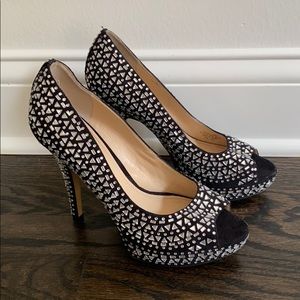 Rhinestone black peep toe pumps